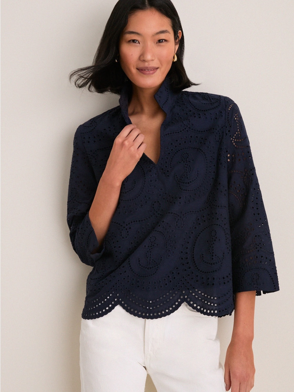 Tuckernuck Navy Nautical Eyelet Margot Stand Collar Blouse L